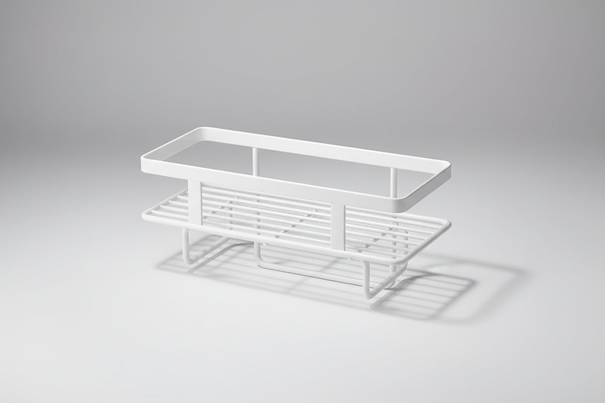 White wrought iron over-the-toilet storage shelf featuring a multi-layer design for optimal space efficiency. Ideal for organizing bathroom essentials, it combines elegance with functionality 6