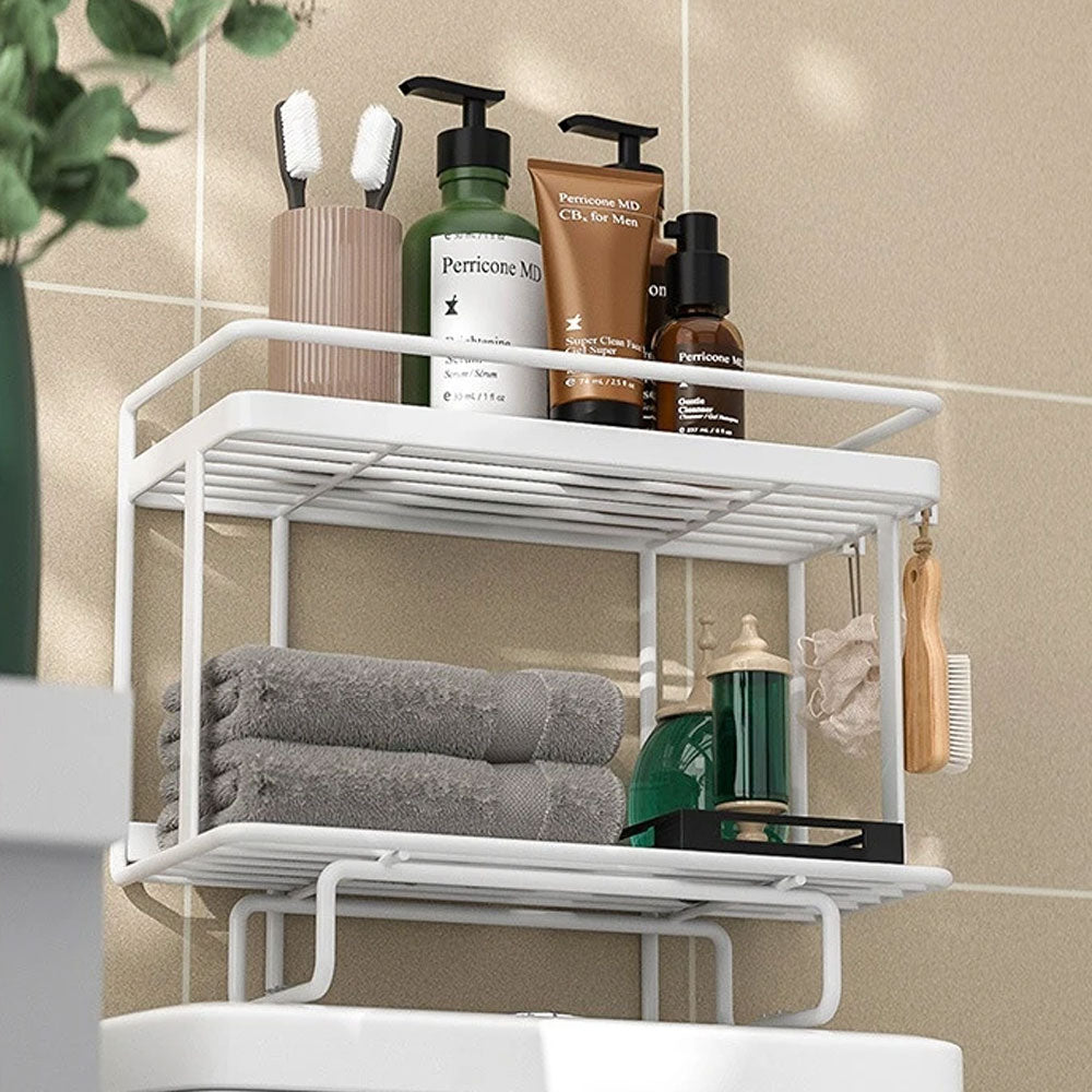 White wrought iron over-the-toilet storage shelf featuring a multi-layer design for optimal space efficiency. Ideal for organizing bathroom essentials, it combines elegance with functionality 7