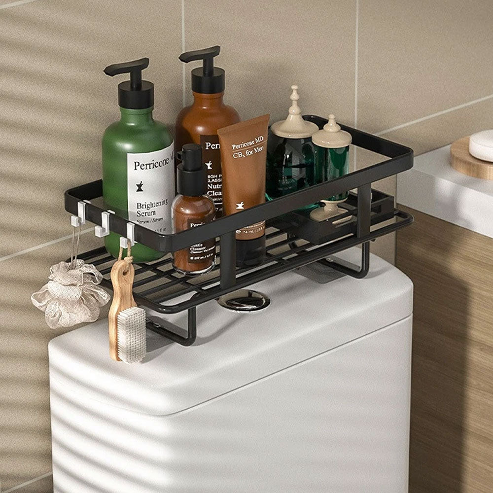 White wrought iron over-the-toilet storage shelf featuring a multi-layer design for optimal space efficiency. Ideal for organizing bathroom essentials, it combines elegance with functionality 8