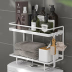 White wrought iron over-the-toilet storage shelf featuring a multi-layer design for optimal space efficiency. Ideal for organizing bathroom essentials, it combines elegance with functionality 9