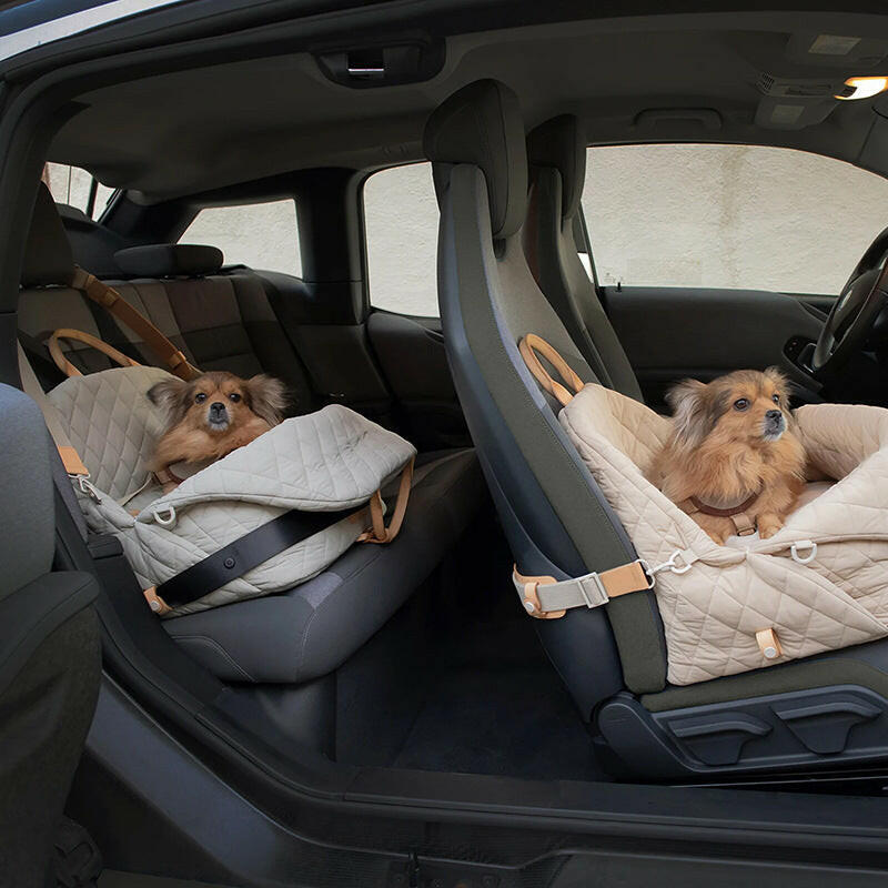 Beige quilted fabric pet carrier that doubles as a car seat, measuring 17.3 x 13.4 x 17.7 inches 1