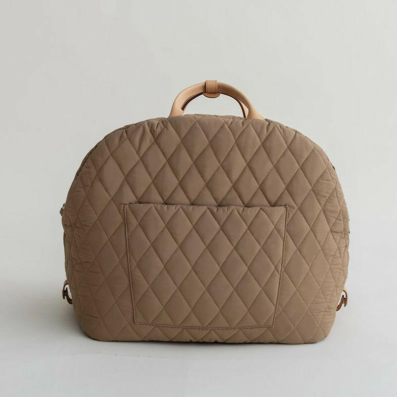Beige quilted fabric pet carrier that doubles as a car seat, measuring 17.3 x 13.4 x 17.7 inches 10