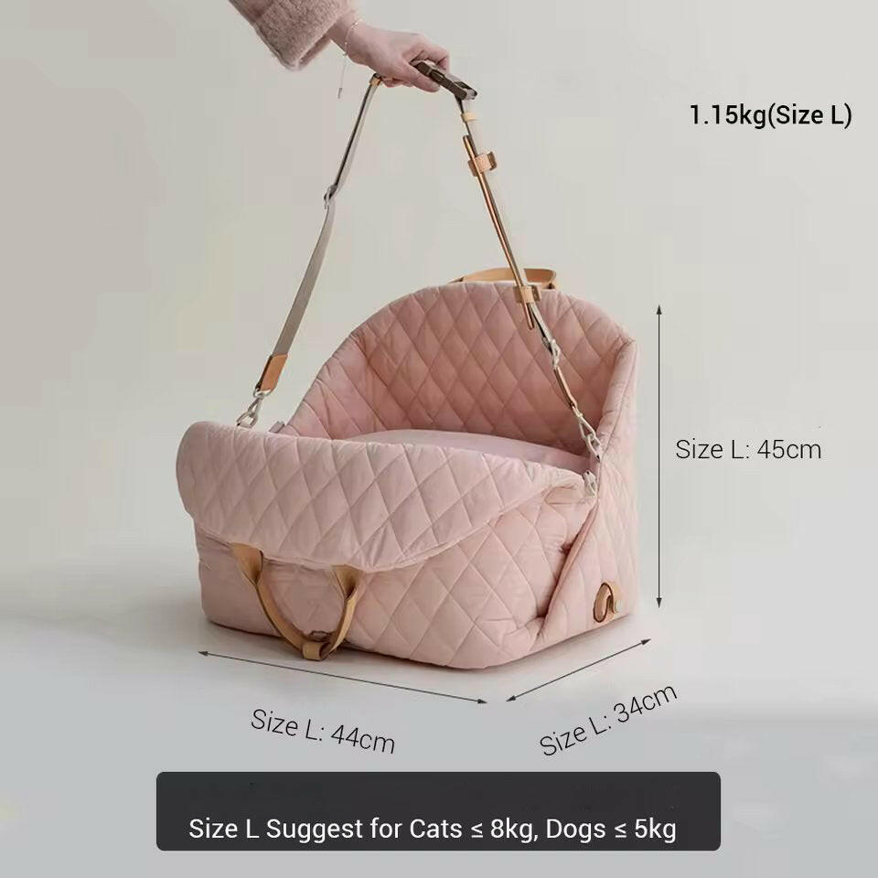 Beige quilted fabric pet carrier designed for versatility as a 2-in-1 car seat and carrier. Measures 17.3 x 13 2