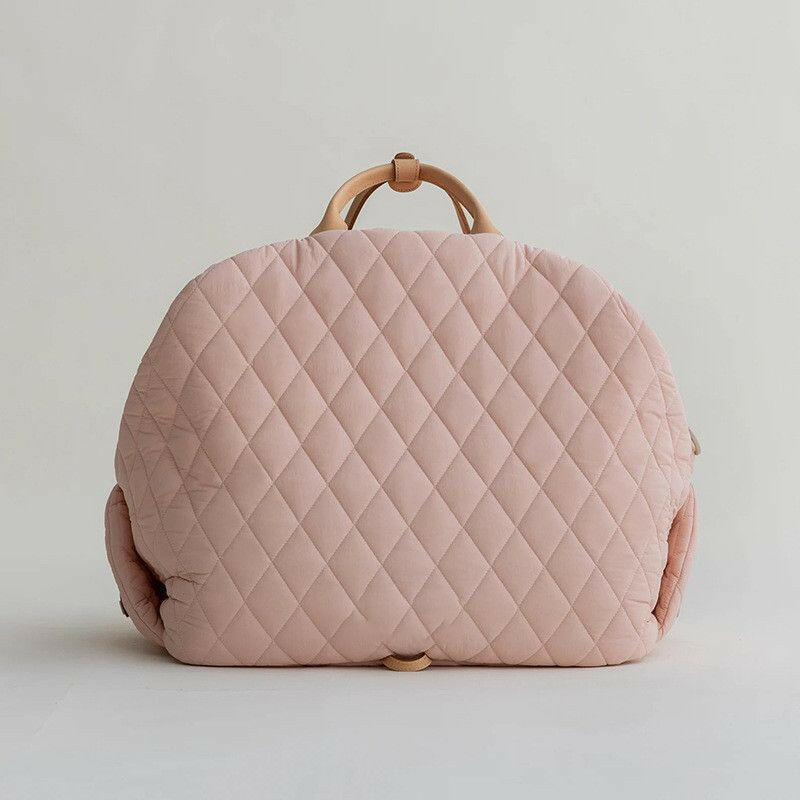 Beige quilted fabric pet carrier designed as a 2-in-1 car seat and carrier. Measures 17.3 x 13.4 5