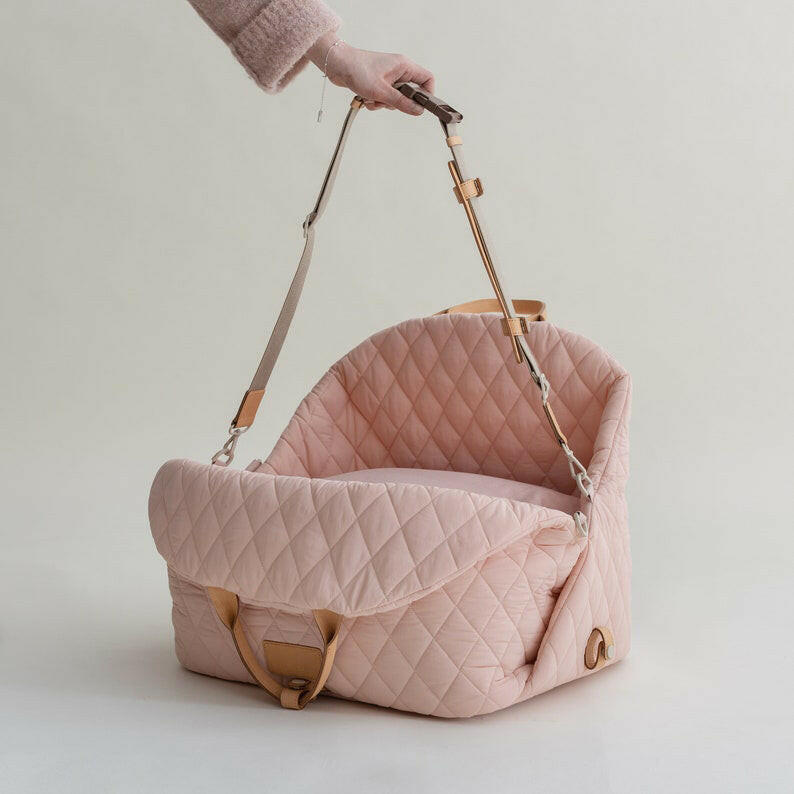 Beige quilted fabric pet carrier that doubles as a car seat. Measures 17.3 x 13.4 x 17.7 inches 8