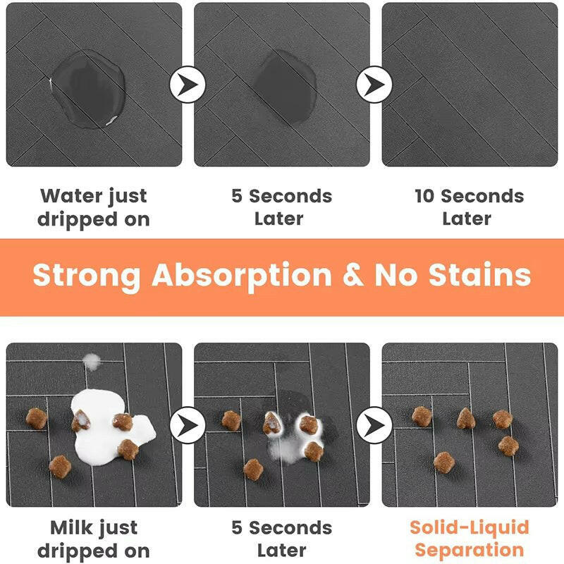 Waterproof charcoal grey pet feeding mat made of rubber, featuring cute paw-print accents. Non-slip design ensures stability during mealtime. Easy to clean and 3