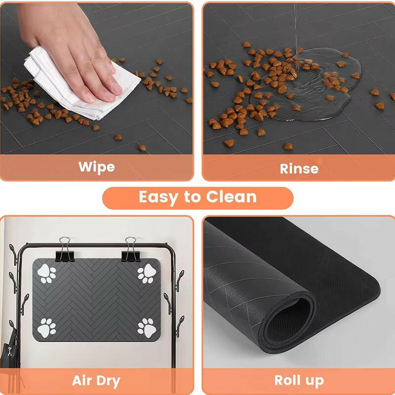 Charcoal grey waterproof rubber pet feeding mat with paw-print accents. Features non-slip design for stability and easy to clean surface. Available in small and large 4