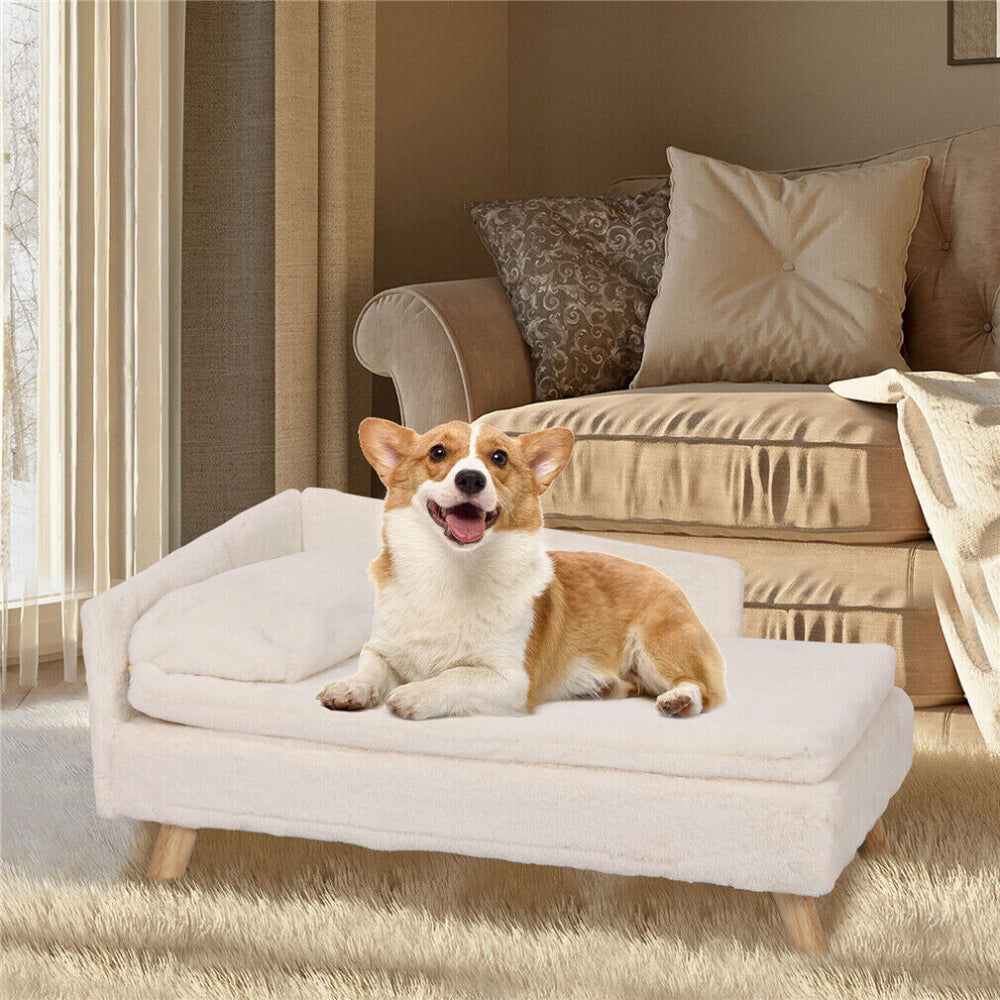 Cozy beige pet bed made from plush linter fabric, featuring stylish wooden legs. Available in two sizes, perfect for small to medium dogs. Adds 1