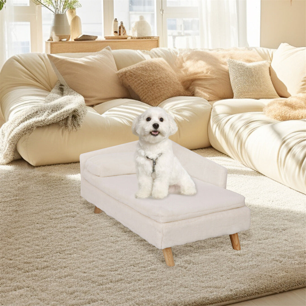 Beige plush linter fabric pet bed with stylish wooden legs, designed for small to medium dogs. Available in two sizes: 27.6 x 3