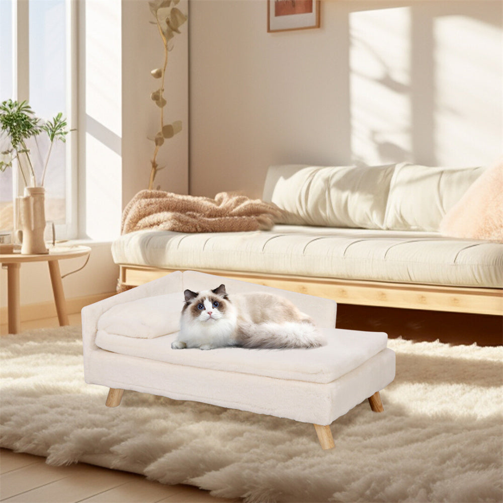 Beige plush linter fabric pet bed with stylish wooden legs, designed for small and medium dogs. Available in two sizes: 27.6 x 4