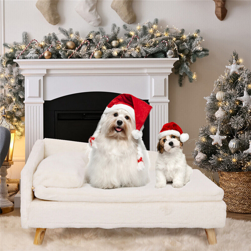 Cozy beige pet bed made from plush linter fabric, featuring elegant wooden legs. Available in two sizes (27.6 x 15.7 5