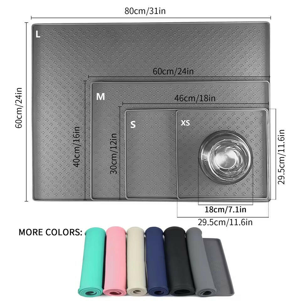 Waterproof silicone pet food mat featuring a non-slip design for stability. Available in multiple colors and sizes, measuring 15.7 x 23. 1