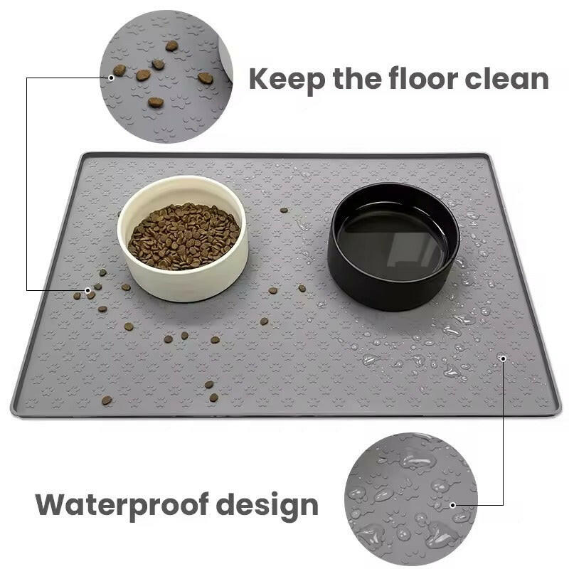 Waterproof silicone pet food mat in various colors and sizes, featuring a non-slip design for stability. Measures 15.7 x 23.6 4