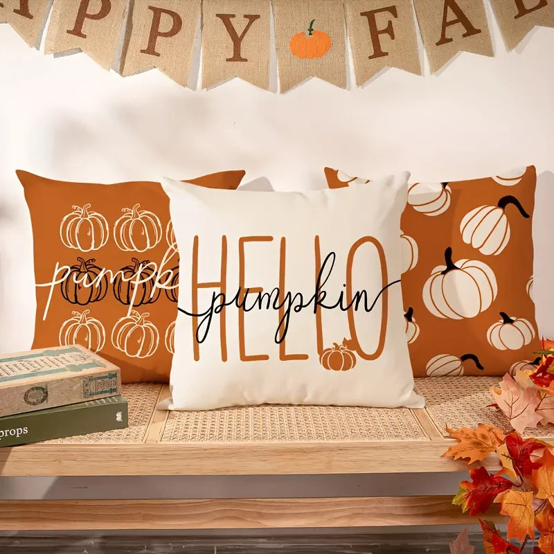 Pillow cover – Linen fabric – Hello Pumpkin design – Cozy autumn decor – 17.7 x 17.7 in 0