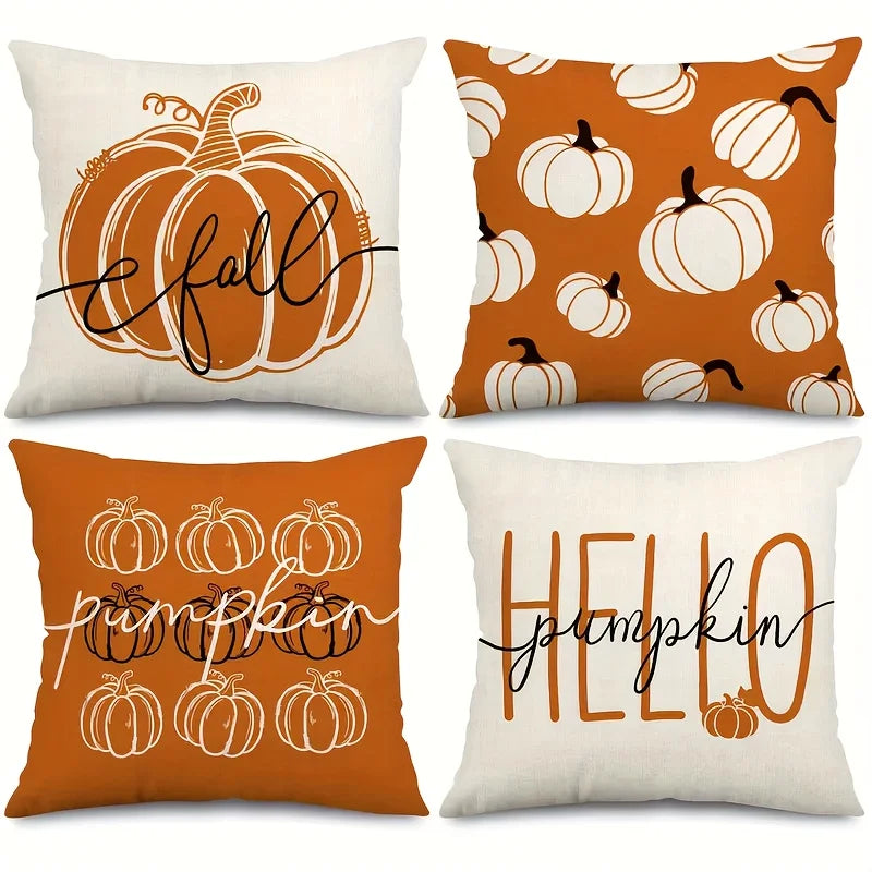 Pillow cover – Linen fabric – Hello Pumpkin design – Cozy autumn decor – 17.7 x 17.7 in 1