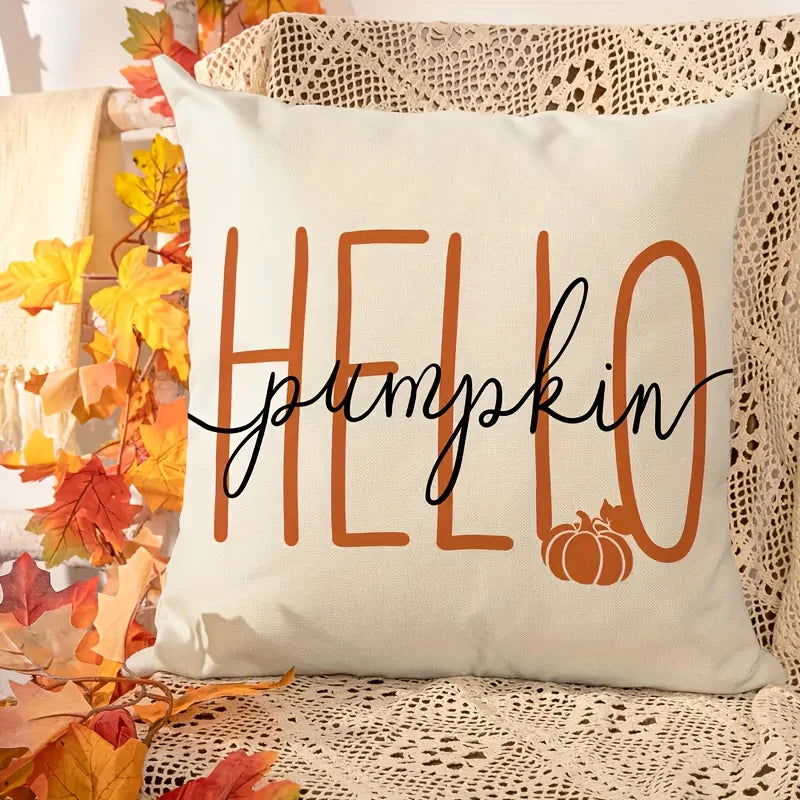 Pillow cover – Linen fabric – Hello Pumpkin design – Cozy autumn decor – 17.7 x 17.7 in 2