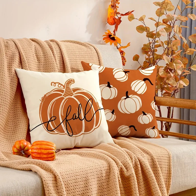 Pillow cover – Linen fabric – Hello Pumpkin design – Cozy autumn decor – 17.7 x 17.7 in 3