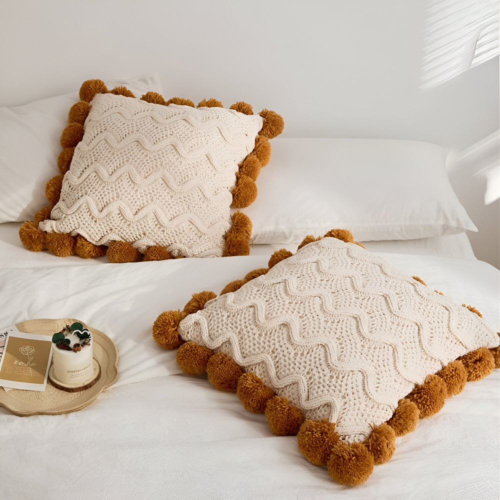 Pillow cover – Soft cotton – Trendy pompom knit design – Cozy home accent – 17.7 x 17.7 in 2