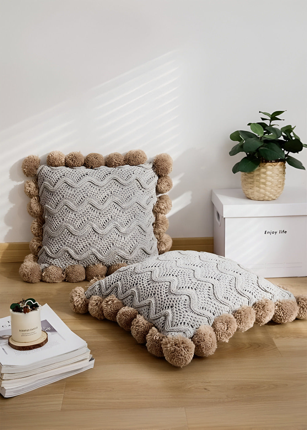 Pillow cover – Soft cotton – Trendy pompom knit design – Cozy home accent – 17.7 x 17.7 in 4