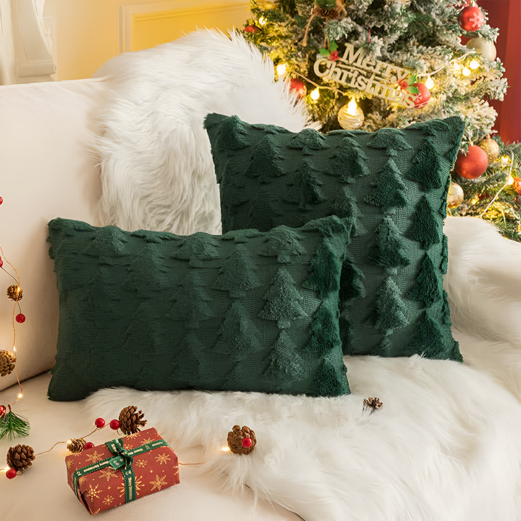 Set of two plush Christmas tree pillowcases featuring a cozy festive design. Made from soft, high-quality fabric in rich green and white colors, perfect for 0