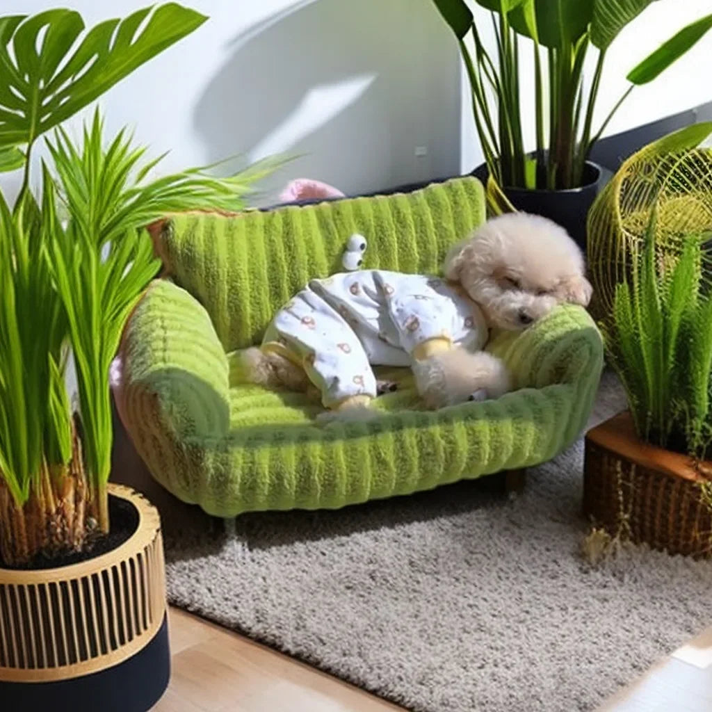 Light gray plush dog bed sofa designed for small to medium pets, featuring a cozy, tufted cushion and sturdy raised sides for added comfort and support. 2