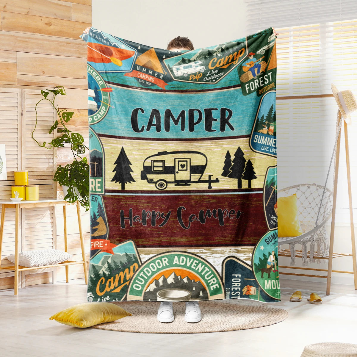 Plush blanket – Soft fabric – Multi-color camper and forest pattern – Cozy home or travel accessory – 60 x 50 in 0