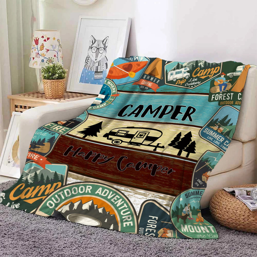 Plush blanket – Soft fabric – Multi-color camper and forest pattern – Cozy home or travel accessory – 60 x 50 in 1