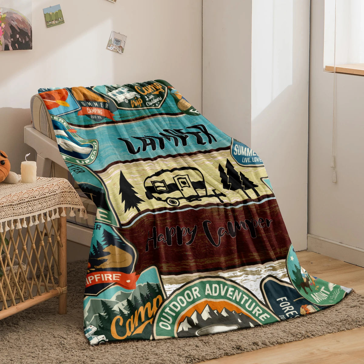 Plush blanket – Soft fabric – Multi-color camper and forest pattern – Cozy home or travel accessory – 60 x 50 in 2
