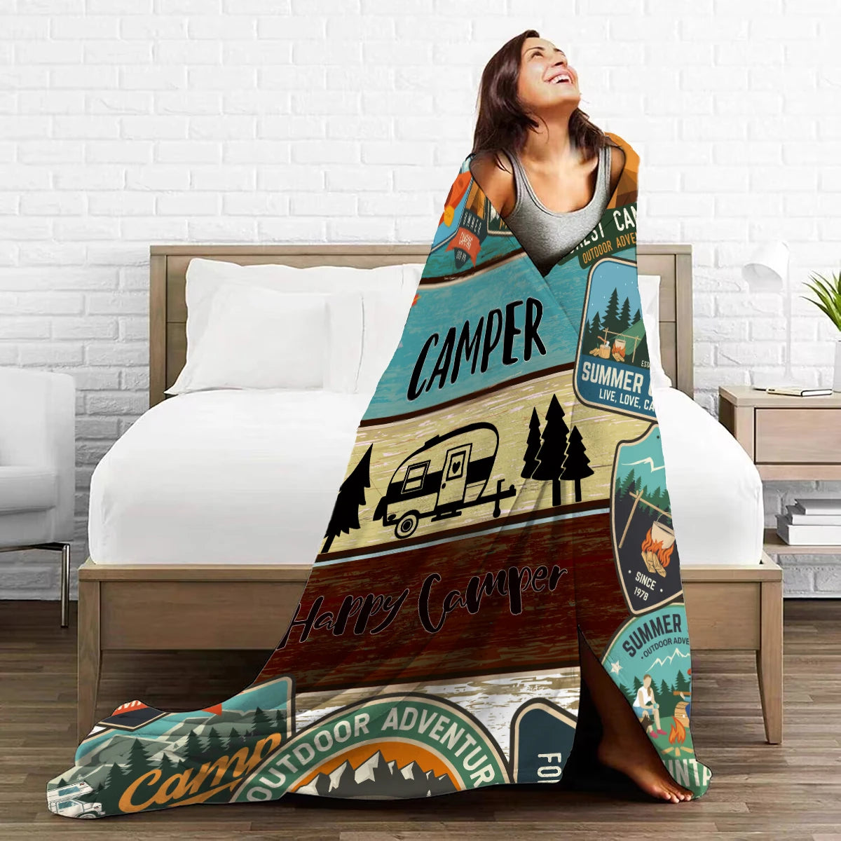 Plush blanket – Soft fabric – Multi-color camper and forest pattern – Cozy home or travel accessory – 60 x 50 in 3