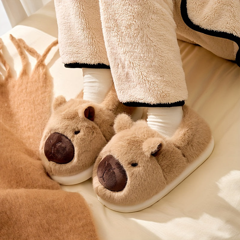 Plush slippers – Soft-lined capybara design – Thick-soled – Cozy indoor footwear for chilly mornings 2