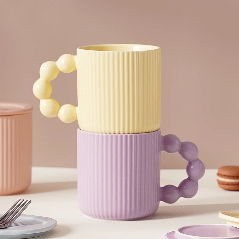 Porcelain mug – Macaron color – Pearl ball handle – Creative coffee cup with lid – Microwave and dishwasher safe 0