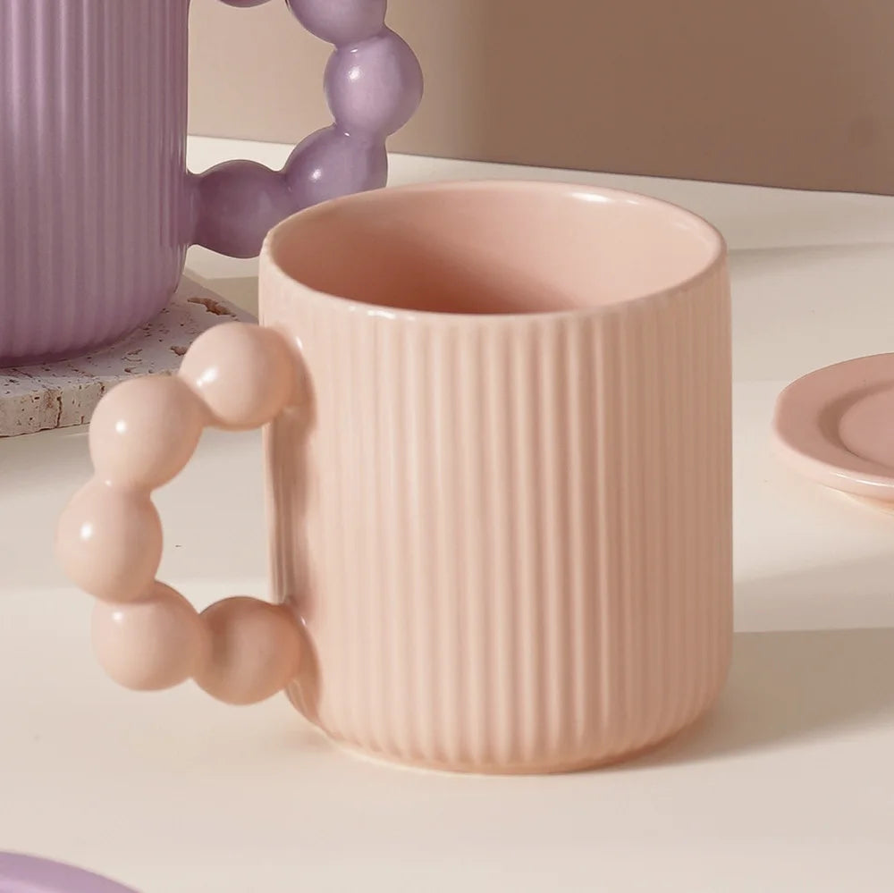 Porcelain mug – Macaron color – Pearl ball handle – Creative coffee cup with lid – Microwave and dishwasher safe 12