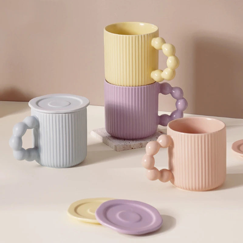 Porcelain mug – Macaron color – Pearl ball handle – Creative coffee cup with lid – Microwave and dishwasher safe 2