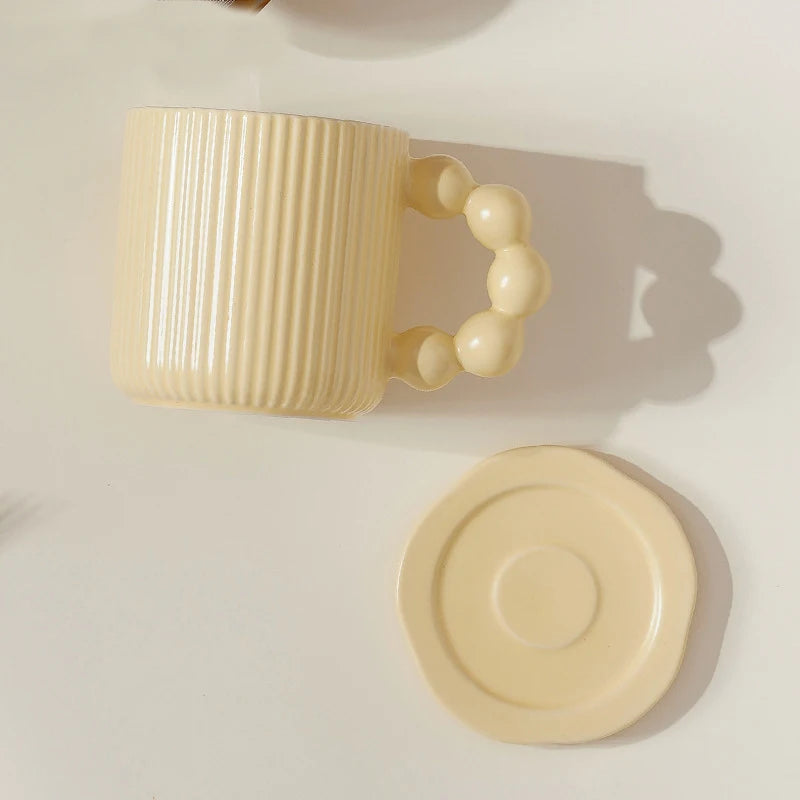 Porcelain mug – Macaron color – Pearl ball handle – Creative coffee cup with lid – Microwave and dishwasher safe 3