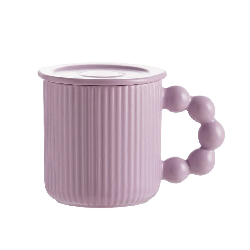 Porcelain mug – Macaron color – Pearl ball handle – Creative coffee cup with lid – Microwave and dishwasher safe 4