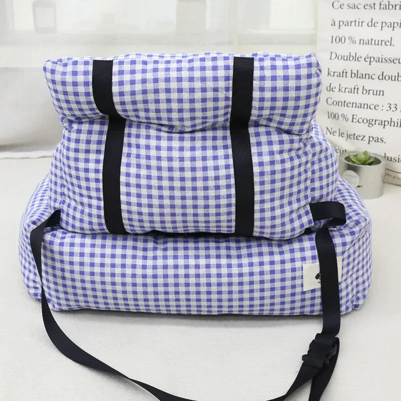 Portable dog car seat cushion in durable polyester, featuring a sleek design for comfort and safety. Easy to clean, this cushion is perfect for travel with pets 2