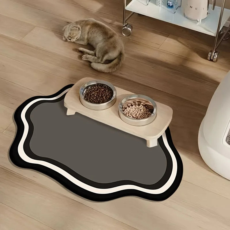 Quick-dry non-slip pet feeding mat for dogs and cats, measuring 30x40cm. Features a durable, water-resistant surface with a cute 3