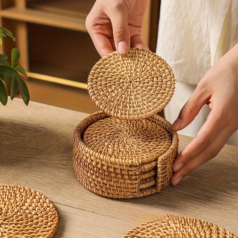 Rattan coaster set – Handwoven eco-friendly design – Rustic home decor – Set of 6 with matching holder 0