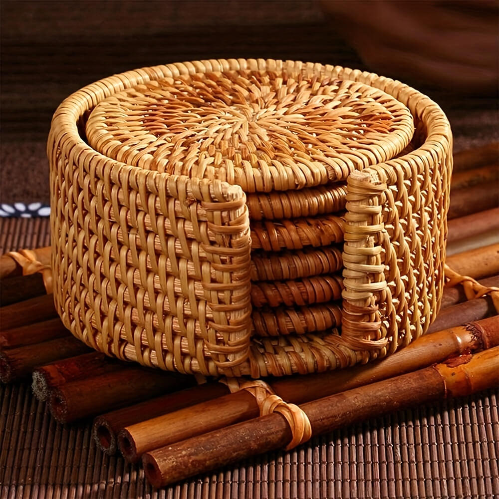 Rattan coaster set – Handwoven eco-friendly design – Rustic home decor – Set of 6 with matching holder 1