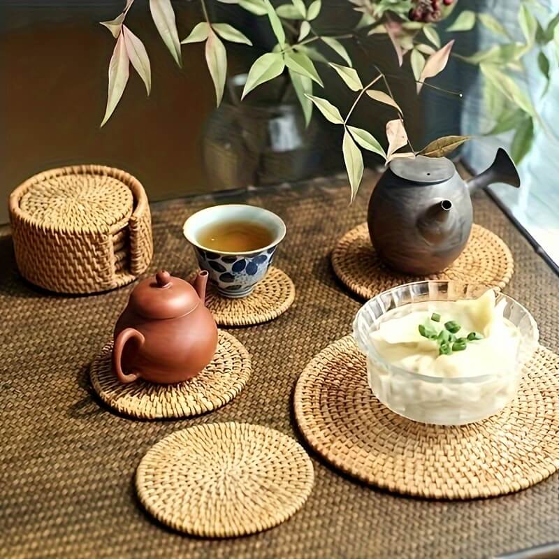 Rattan coaster set – Handwoven eco-friendly design – Rustic home decor – Set of 6 with matching holder 2