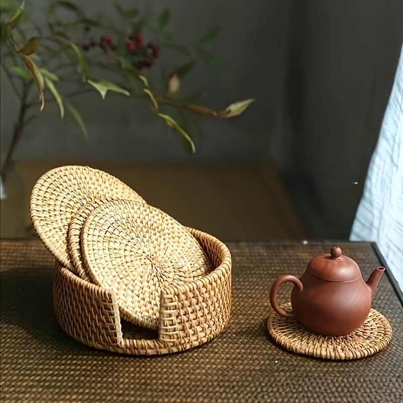 Rattan coaster set – Handwoven eco-friendly design – Rustic home decor – Set of 6 with matching holder 3