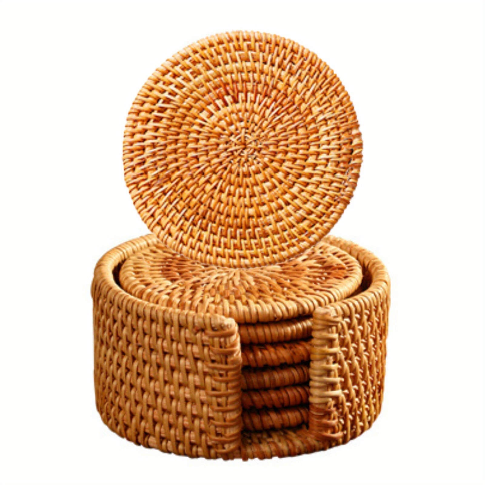 Rattan coaster set – Handwoven eco-friendly design – Rustic home decor – Set of 6 with matching holder 4