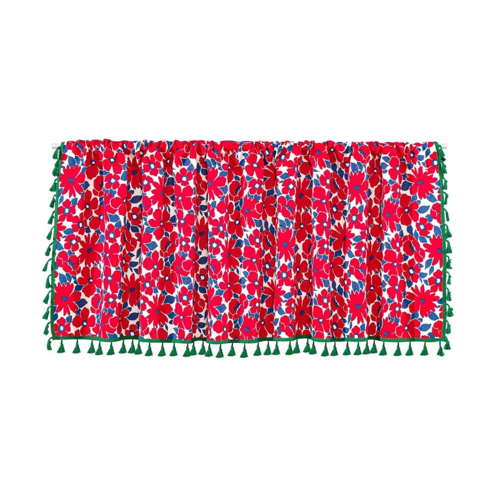 Red Floral Semi-Sheer Kitchen Curtain with Tassel Trim – Lightweight Window Treatment for Cabinets and Small Windows 0