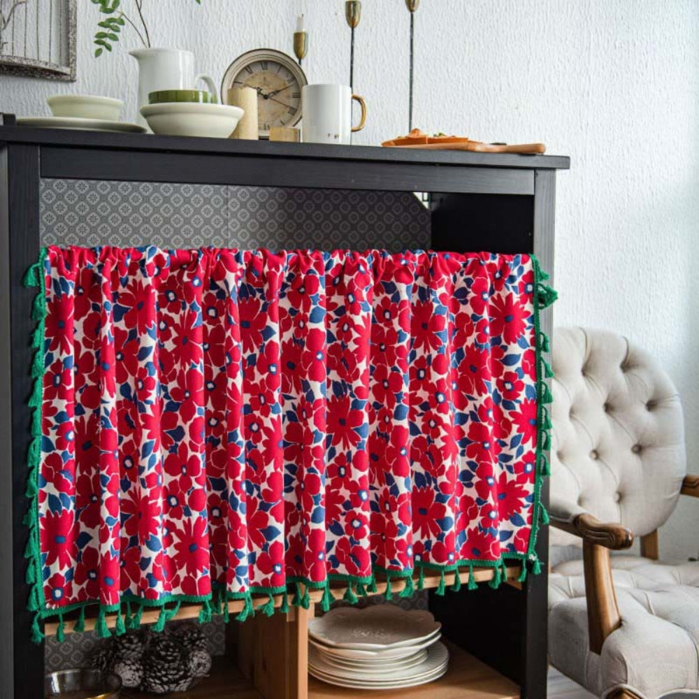Red Floral Semi-Sheer Kitchen Curtain with Tassel Trim – Lightweight Window Treatment for Cabinets and Small Windows 1