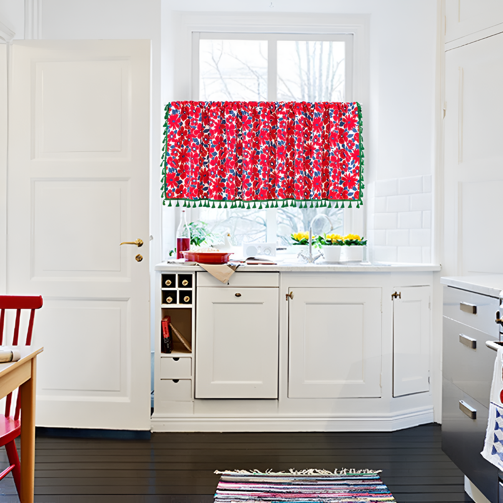 Red Floral Semi-Sheer Kitchen Curtain with Tassel Trim – Lightweight Window Treatment for Cabinets and Small Windows 2