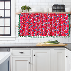 Red Floral Semi-Sheer Kitchen Curtain with Tassel Trim – Lightweight Window Treatment for Cabinets and Small Windows 3