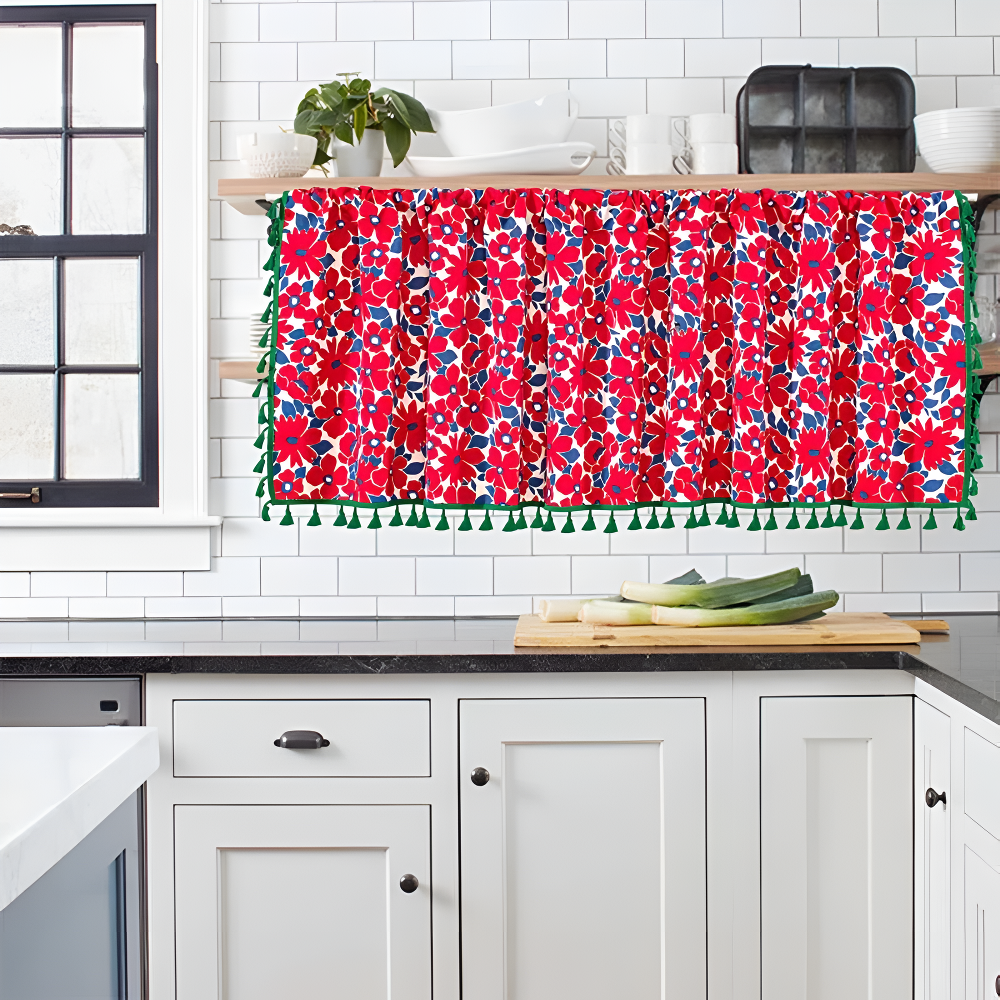 Red Floral Semi-Sheer Kitchen Curtain with Tassel Trim – Lightweight Window Treatment for Cabinets and Small Windows 3