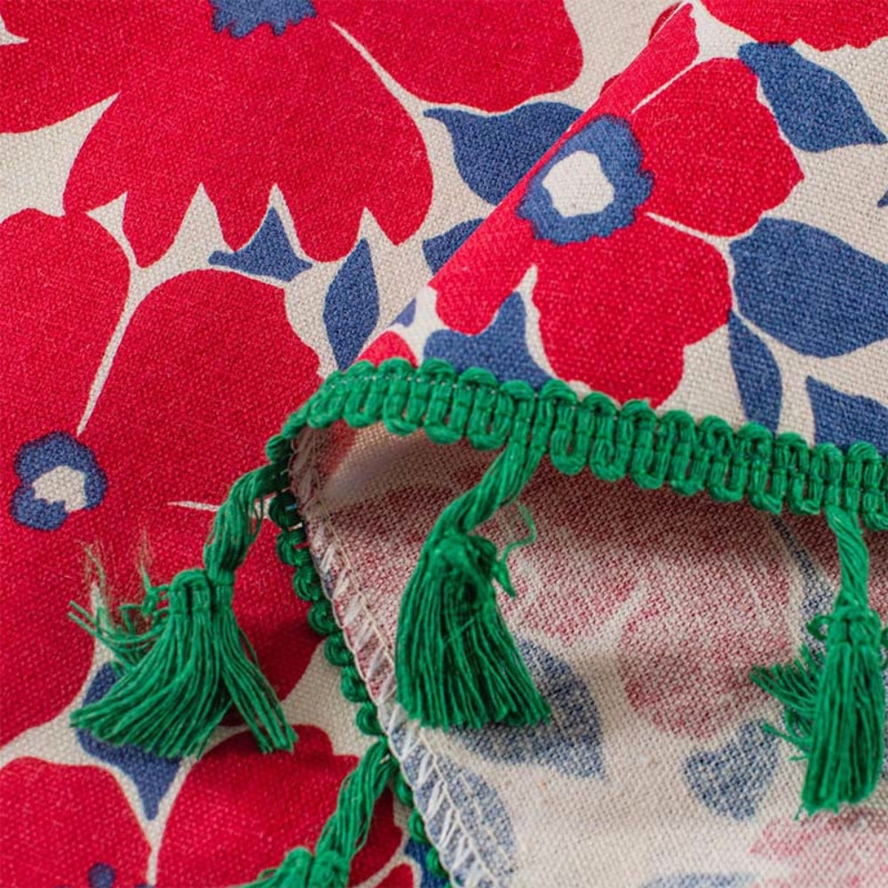 Red Floral Semi-Sheer Kitchen Curtain with Tassel Trim – Lightweight Window Treatment for Cabinets and Small Windows 6