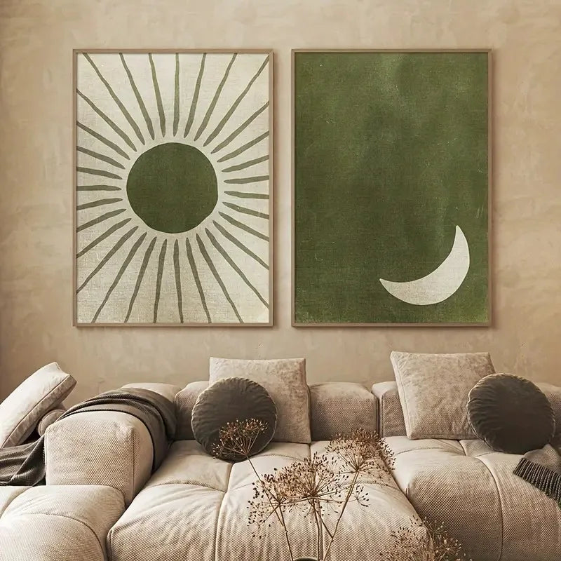 Retro Bohemian Green Moon and Sun Canvas Art Print | Custom Canvas Wall Art for Modern Home Decor 0