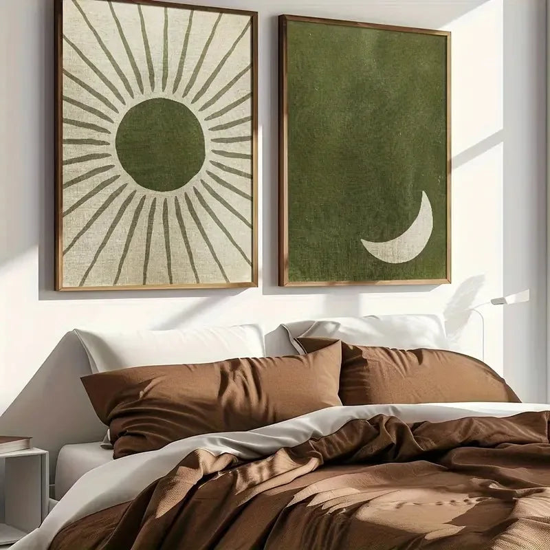 Retro Bohemian Green Moon and Sun Canvas Art Print | Custom Canvas Wall Art for Modern Home Decor 1